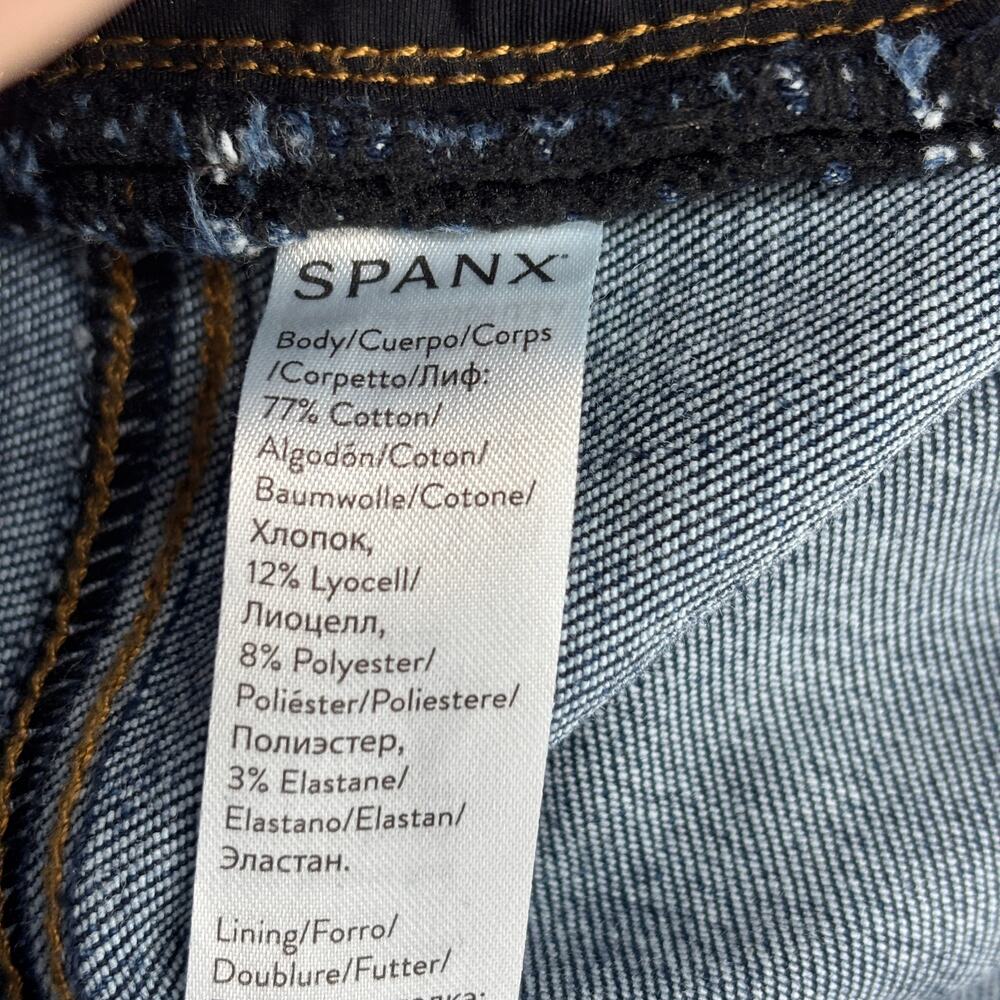 Spanx Pull On Jeans Size M High Rise Stretch Denim Distressed Raw Hem Skinny - Picture 11 of 11